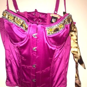 Roberto Cavalli Monogrammed bustier with studded crystals & animal print ribbon